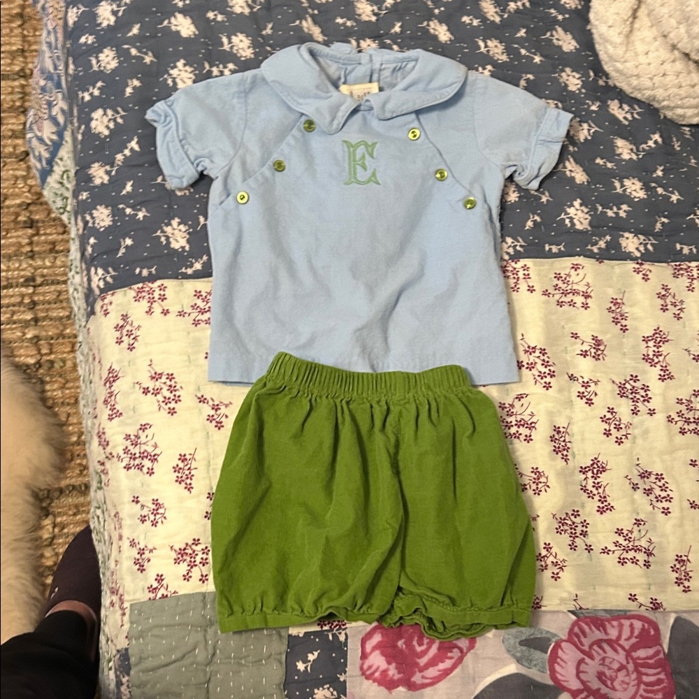 Monogrammed “E” Blue Shirt and Green Shorts Set
